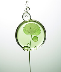close-up of facial serum and plant. scientific research concept.