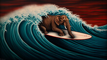 Illustration Of An Elephant Riding A Wave On A Surfboard - Generative AI