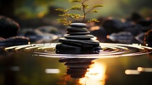 Stacked Stones With Sprouting Green Plant On The Water In Autumn Forest, Warm Light, Peaceful Zen Buddhism Influenced Atmosphere, Created With Generative AI Technology