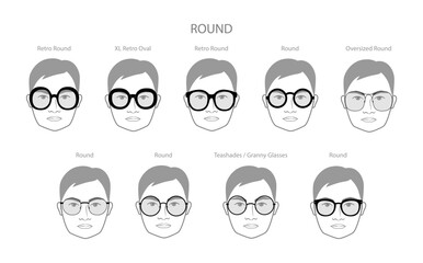 Poster - Set of Round frame glasses on men face character fashion accessory illustration. Sunglass front view, unisex silhouette style, flat rim spectacles eyeglasses with lens sketch style outline isolated