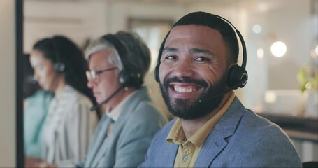 Aufkleber - Call center, team and happy business man face, insurance advisor or agent smile for telemarketing, telecom or help. Contact us, portrait and person for technical support, customer service or telecom