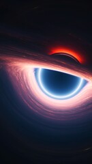 Wall Mural - Interstellar black hole in outer cosmos. Giant singularity with glowing rotating accretion disk. Vertical 3d illustration astrology background. Cosmos around wormhole warps space-time in curved space.