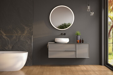 Modern bathroom interior with white bathtub and chic vanity, black walls, parquet floor.