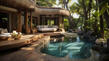 Wall Mural - Pool beds and cabana under coconut trees