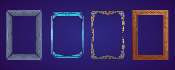 Decorative frames with ornament. Carved stone frame, carved wooden frame, engraved gold frame with gemstones, engraved silver frame with glass and ice pieces. Frame set. Vector cartoon illustration.