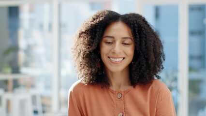 Canvas Print - Face, happy woman and creative designer in office, startup company or workplace. Portrait, smile and business professional, producer or entrepreneur, worker and female employee from South Africa.