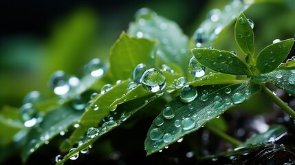 Wall Mural - Large beautiful drops of transparent rain water on a green leaf macro. Drops of dew in the morning glow in the sun. Beautiful leaf texture in nature. Natural background