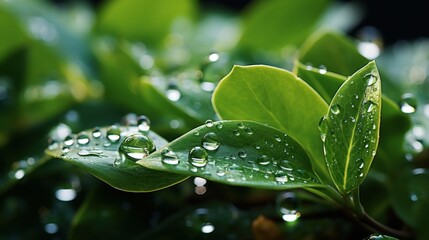 Wall Mural - Large beautiful drops of transparent rain water on a green leaf macro. Drops of dew in the morning glow in the sun. Beautiful leaf texture in nature. Natural background