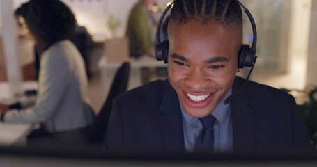 Sticker - Call center, laughing and man at computer with a headset for telemarketing, customer service or crm. Face of a happy african male consultant for technical support, sales or advice at a help desk