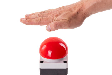 Hand pushing a red buzzer isolated on transparent or white background. Concept of a breakup or new beginning..
