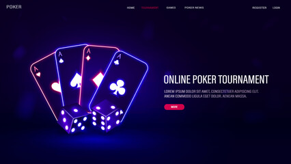 Wall Mural - A web banner with neon cards with bright dice for casino and poker on a dark background with text.