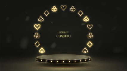 Wall Mural - Podium with neon bright glowing golden suits of poker cards: spades, crosses, hearts and diamonds. A casino-themed platform on a black background.