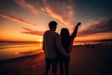 a cute romantic hetrosexual couple walking at a beach at sunset. photo taken behind from the back. Generative AI