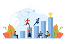 Concept Of People Running To Their Goal In Columns, Motivation Moving Up, Teamwork To Achieve Business Goals. Way To Reach Target, Flat Vector Illustration On Purih Background.