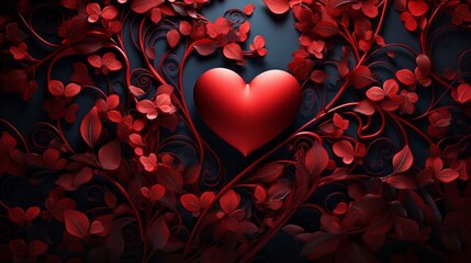 Valentine's day red hearts on black background with copy space - Love and red flowers - Dark background