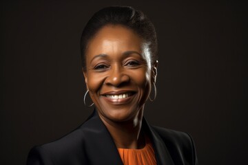 Medium shot portrait photography of a happy Nigerian woman in her 50s wearing a sleek suit against an abstract background 