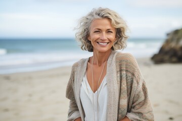 Lifestyle portrait photography of a cheerful Russian woman in her 50s wearing a chic cardigan against a beach background 