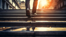 Close-up Of Businessman's Feet Walking. Career Path Success Concept