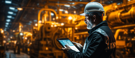 Wall Mural - Factory engineer hold tablet. Smart industry control concept