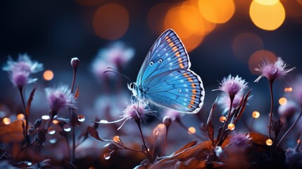 Beautiful blue yellow butterfly in flight and branch of flowering apricot tree in spring at Sunrise on light blue and violet background macro.