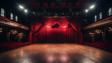 Fototapeta  - theater stage, with red curtain, wooden floor, chairs and lighting AI generative