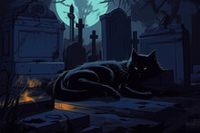 Generative AI.
Horror Background, Black Cat Sleeping In The Cemetery