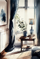 tradition al home interior mockup, watercolor, social media post