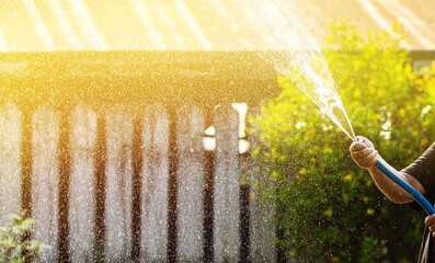 Wall Mural - Watering the garden with a hose. Selective focus. nature.