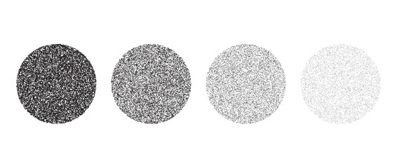 Aufkleber - Set of stippled circle texture. Black dotted gritty round element collection. Noise grain dot work sphere shapes. Half tones and shadows effect illustration bundle. Vector pack