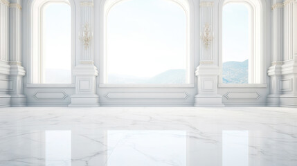  White wall empty apartment room with marble floor and walls. Copy space for product placement. Generative AI