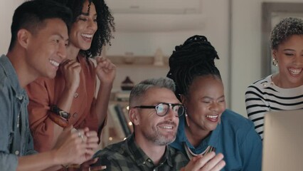 Aufkleber - Laptop, high five and applause with a team in celebration of a deal, target or goal together in the office. Winner, success and teamwork motivation with a group of business people working at night