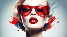 Beautiful Woman Face With Glossy Red Lips And Big Sunglasses. AI Generative.