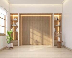 Wall Mural - Modern style living room decorated with minimalist tv cabinet and bookshelf, white wall and wood slat wall. 3d rendering