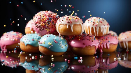 Wall Mural - Various decorated doughnuts in motion falling on blue background