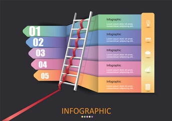 Fototapete - Vector infographic 5 step workflow,work planning, has white ladder over the text box representing growth,step up,step up,over gray and black background for education,finance and banking presentataion.