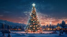 Very Big Christmas Tree With Bright Stars On Top Which Shines Brightly In The Snow Village And Many People Look At It