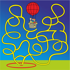 Wall Mural - labyrinth, maze, leisure activity, balloon with smilingg kids, find way to target, vector illustration