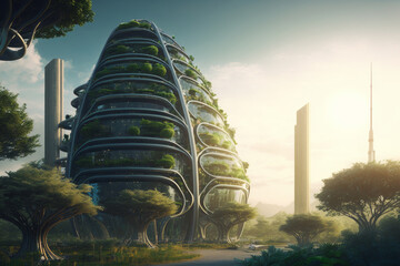 Poster - Futuristic building with green grass and blue sky background. Generative AI