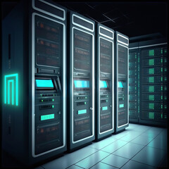 Poster - Server room data center. Backup, mining, hosting, mainframe and computer rack with storage information. Generative AI