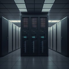 Poster - Dark server room interior with rows of servers. Generative AI