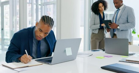 Aufkleber - Laptop, writing in a notebook and a business black man in the boardroom for planning or online research. Computer, technology and internet search with a young male employee working in the office