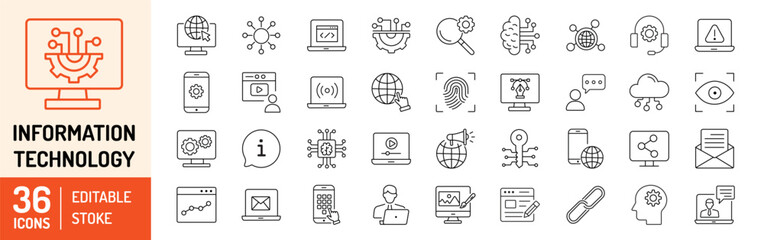 information technology editable stroke outline icons set. it network, internet, website, data, softw