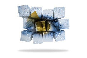 Poster - Digital png illustration of eyed over cubes with networks on transparent background