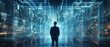 © thebaikers - big data digital concept. a business man standing in front of hologram data at server room. high technology concept