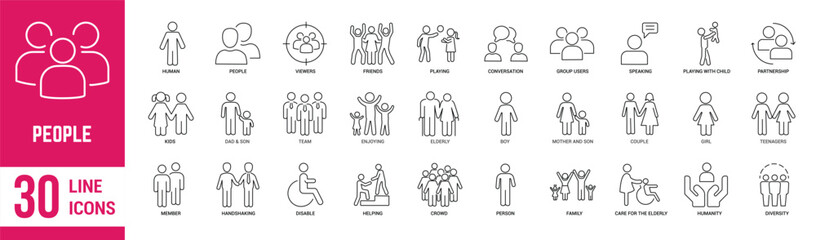 people thin line icons set. people, family, team, community, relationship, friends and children. vec