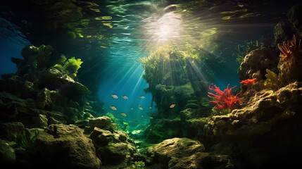 Wall Mural - Underwater sunlight through the water surface seen from a rocky seabed with algae. Generative AI