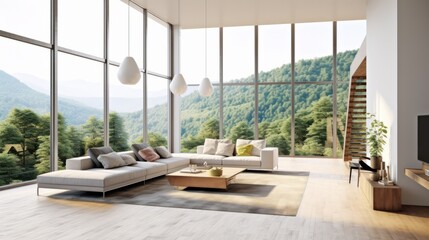 contemporary living room interior deisgn house beautiful with natural color scheme view of forest mountain hill nature background ,ai generate