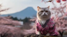 Cat Wearing Japanese Kimono Style
