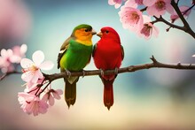 Adorable Love Birds Sitting On A Branch Of A Cherry Blossom Tree Valentine's Day 