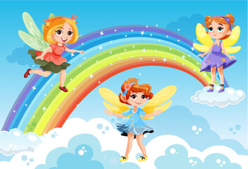 Wall Mural - cute fantasy fairies cartoon character flying over rainbow